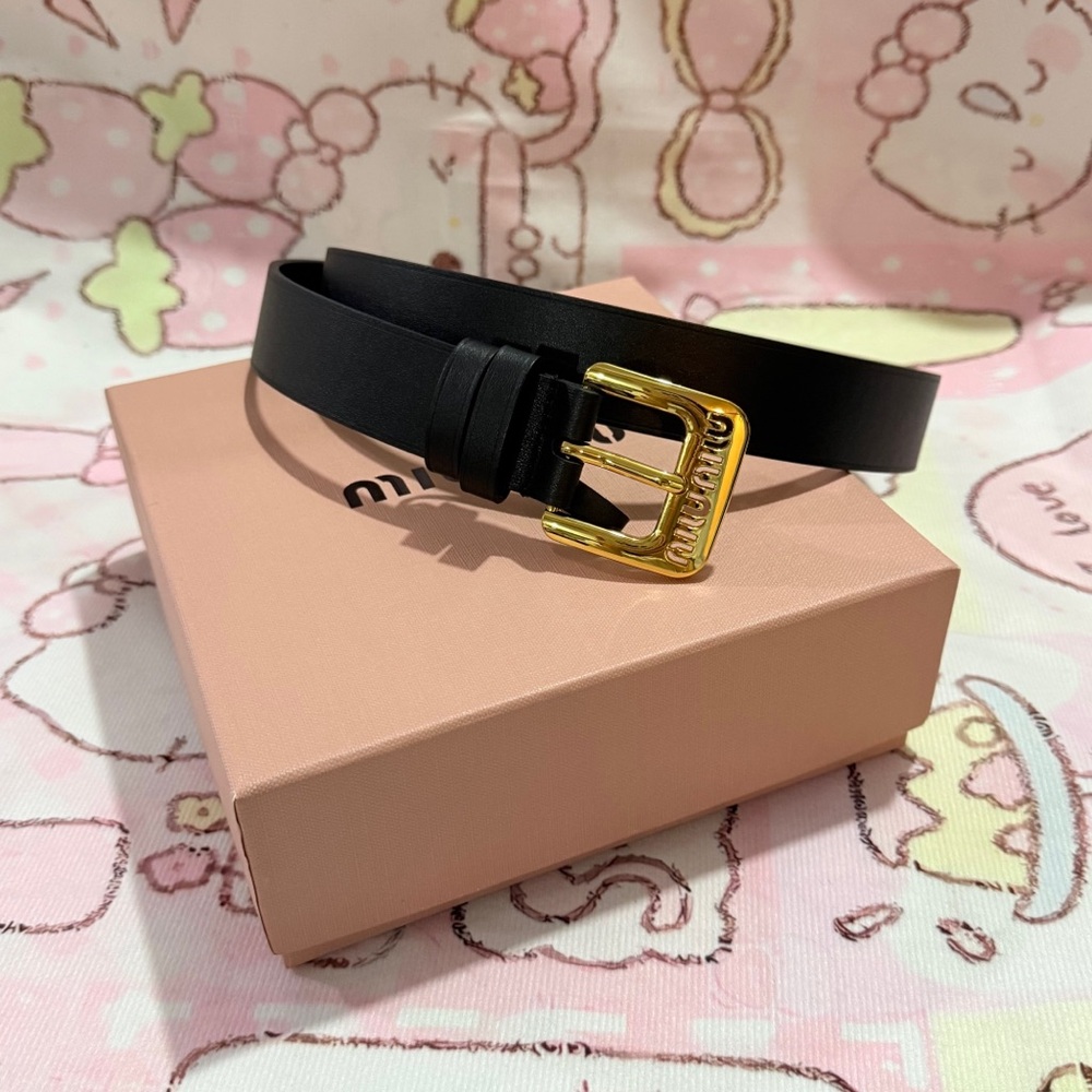 Miu Miu Black Leather Belt with Gold-Tone Buckle